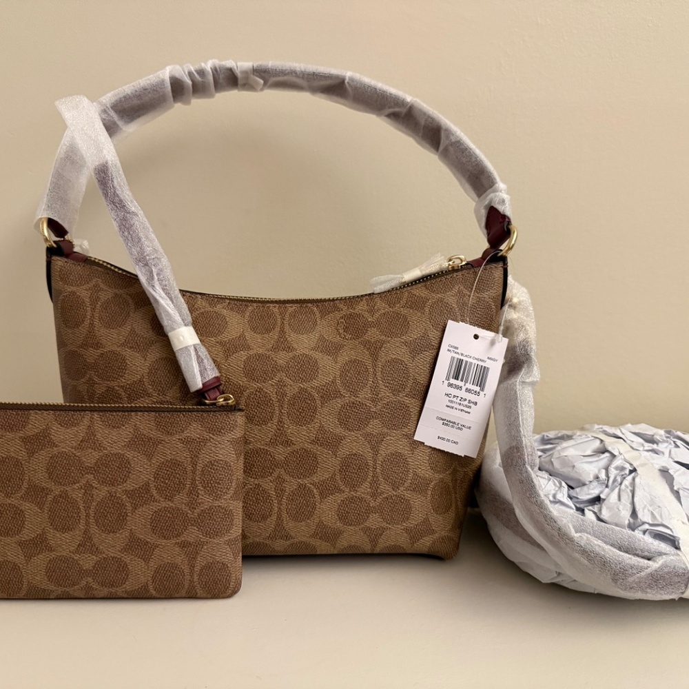 Coach Shoulder Bag Signature Canvas Leather Horse Carriage Print with Wallet - Picture 3 of 9